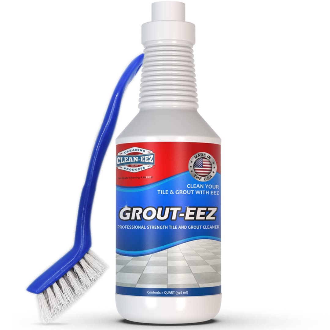 Clean-eez Grout-eez Tile Cleaner with Handheld Brush – 32 oz Heavy-Duty Stain Remover for Ceramic