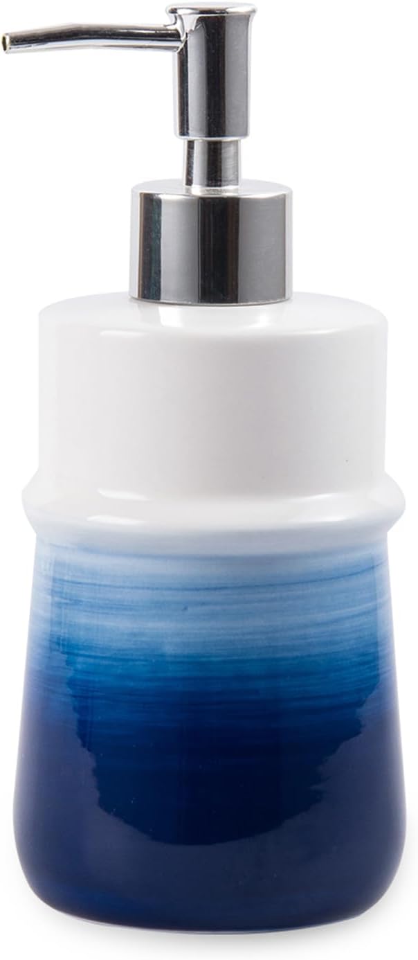 Navy Blue Ceramic Soap Dispenser for Kitchen, Refillable Hand Dispenser with Rust Proof Stainless