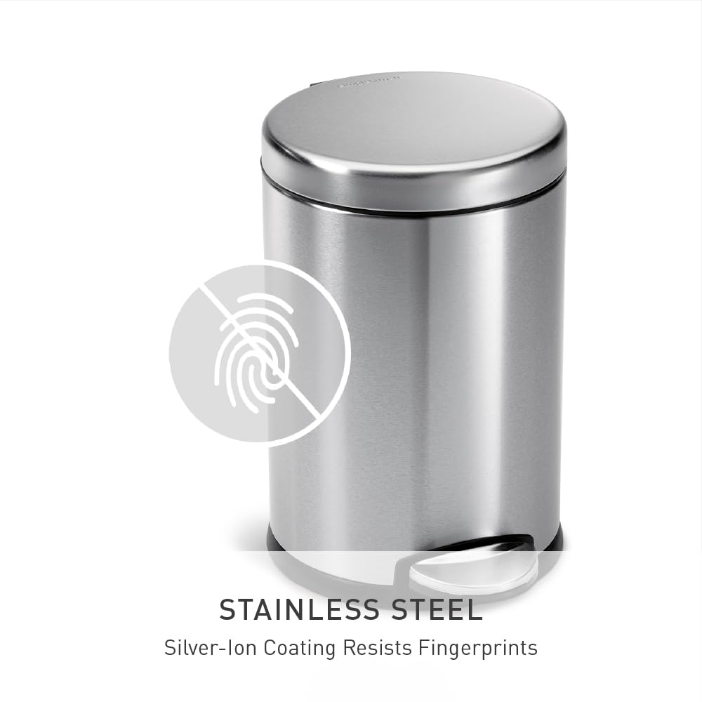 simplehuman Round Step Can, 4.5L / 1.2 Gallon Compact Bathroom Trash Can, 150,000-Step Pedal, Lid