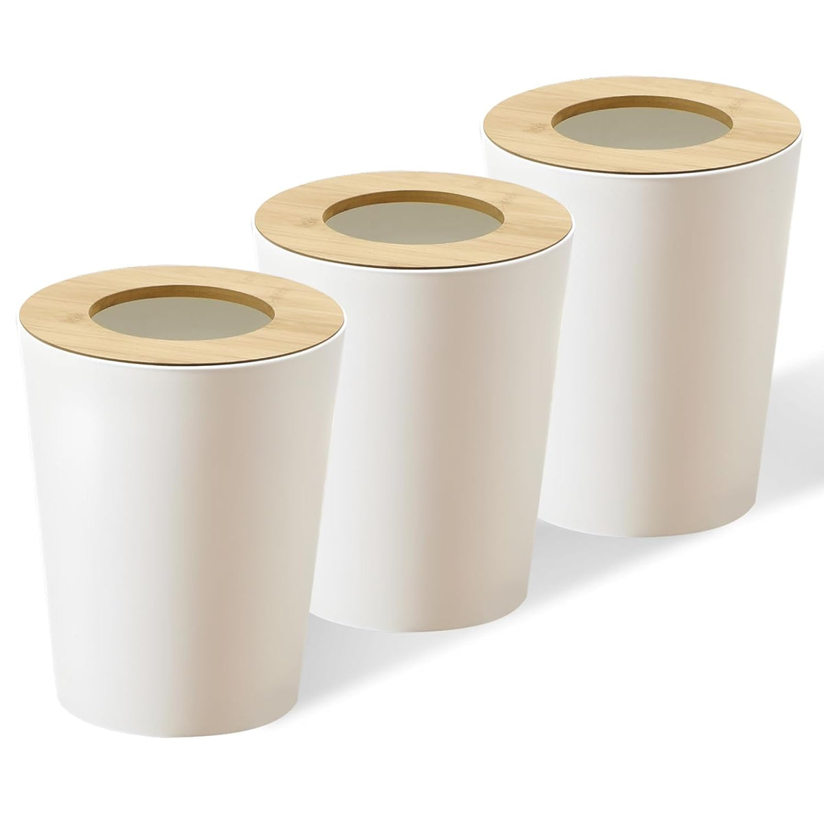 White Trash Can for Bedroom with Bamboo Lid, 2.4 Gallon Open Top Trash Can 3 Pack, Modern Aesthetic