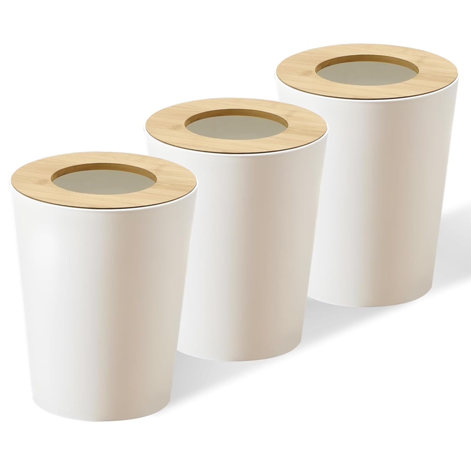 White Trash Can for Bedroom with Bamboo Lid, 2.4 Gallon Open Top Trash Can 3 Pack, Modern Aesthetic