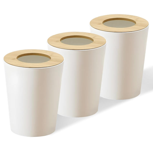 White Trash Can for Bedroom with Bamboo Lid, 2.4 Gallon Open Top Trash Can 3 Pack, Modern Aesthetic