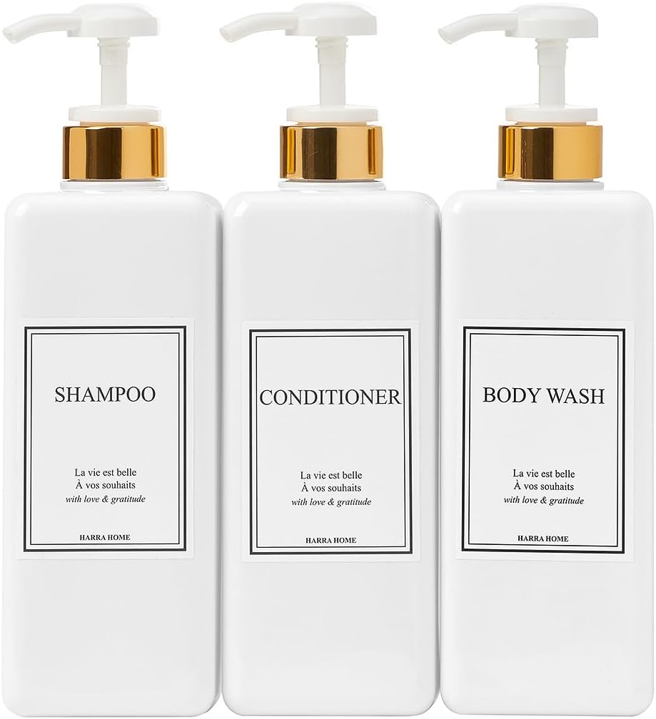 Modern Gold Design Large 27 oz Shampoo and Conditioner Dispensers - Empty Plastic Refillable Pump