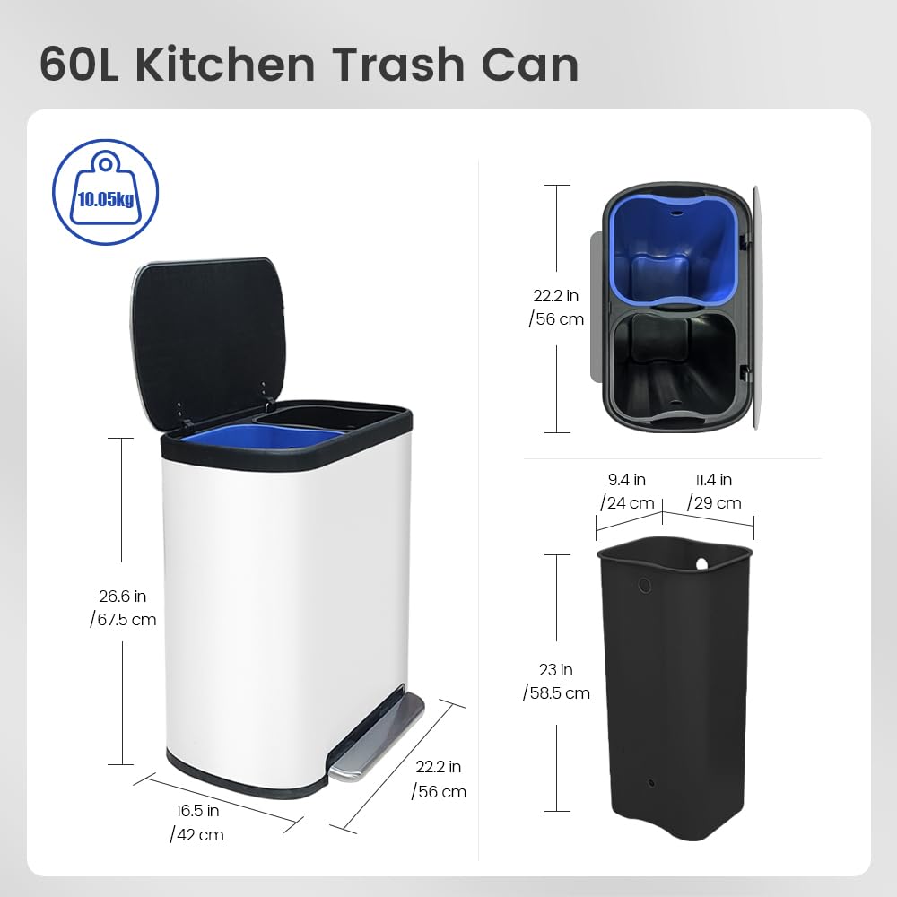 16 Gallon Dual Trash Can, Kitchen Recycling Bins with 2 x 8 Gallon Compartments, 2 Plastic