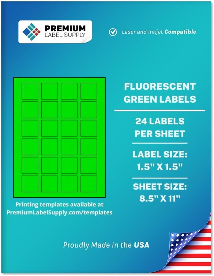 Premium Label Supply Bright Neon Color Fluorescent Sticker Labels - 1.5" x 1.5" Square Labels