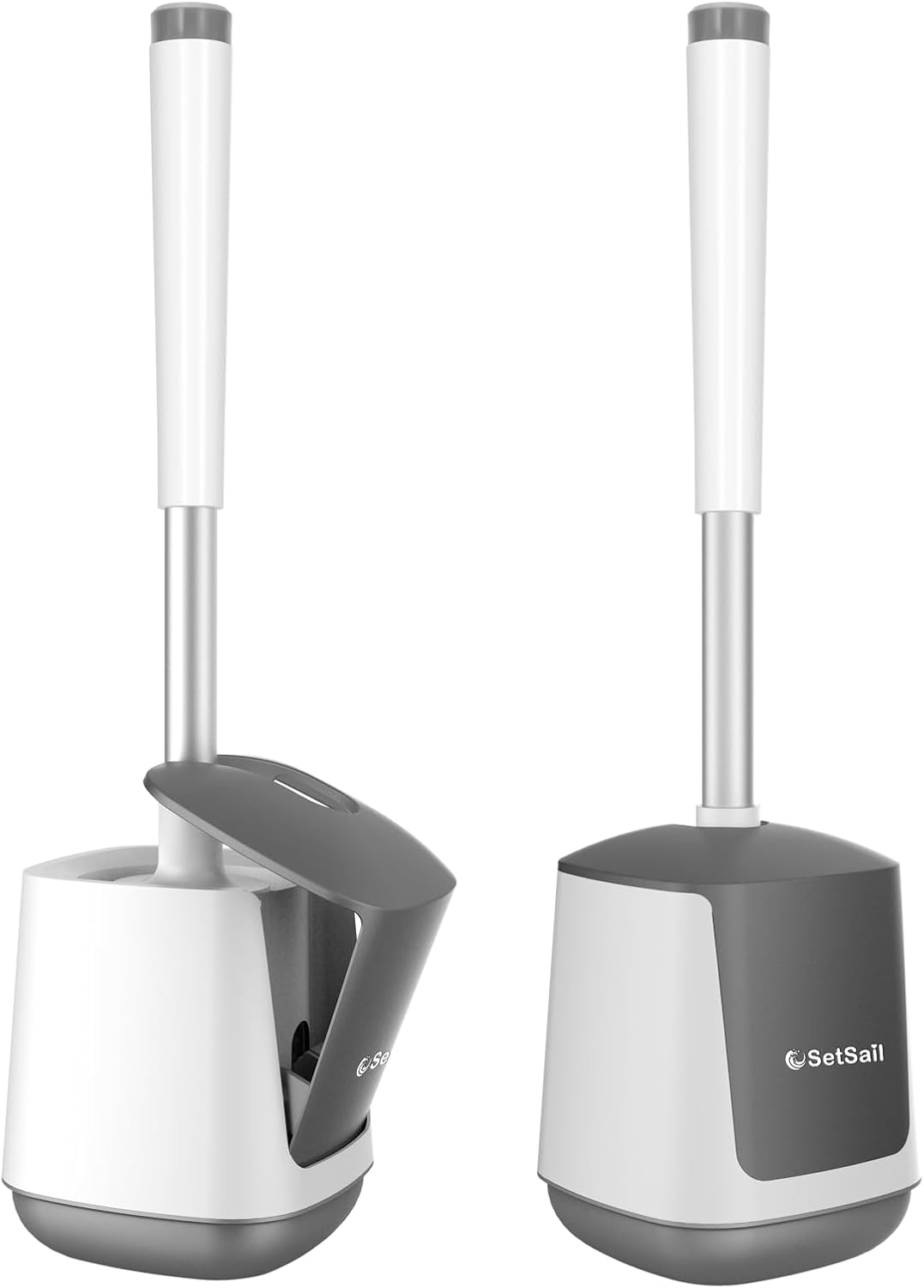 SetSail Toilet Brush and Holder 2 Pack, Self Closing Lid Toilet Bowl Brushes Holder and Extra Long
