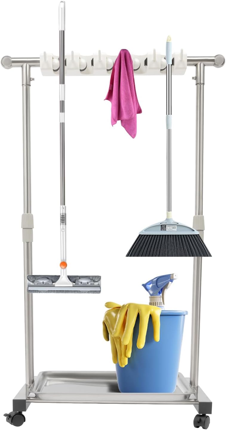 Broom Mop Holder, Movable Put Wet Mops Broom Floor Standing Cleaning Tool Rack 6 Hook and 5 Slots