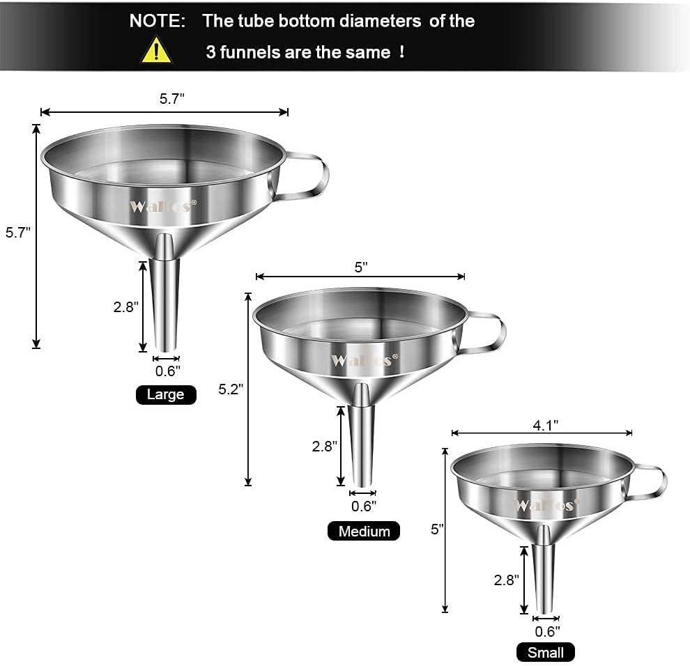 Stainless Steel Funnel, Walfos 3 Pack Kitchen Funnel with 2 Removable Strainer ＆ 1Pcs Cleaning