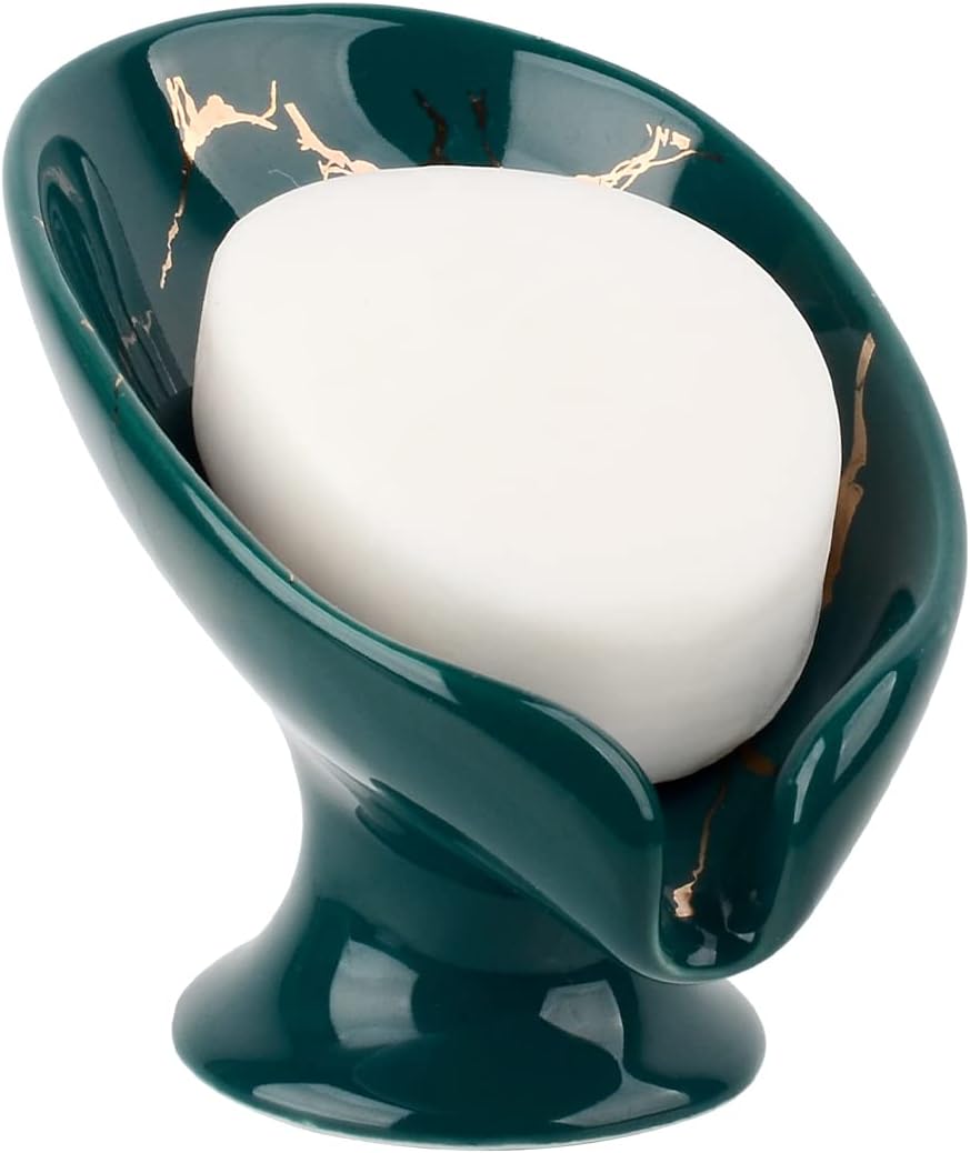 Soap Dish, Ceramic Soap Holder Self Draining Leaf Shape Bar Soap Holder, Marble Look Green Drain