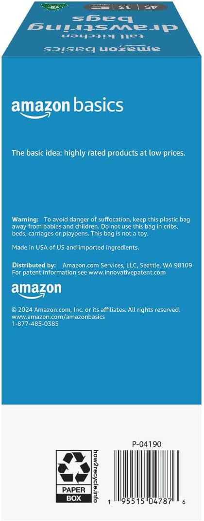 Amazon Basics 13 Gallon Tall Kitchen Drawstring Trash Bags, Unscented, 10% Post Consumer Recycled