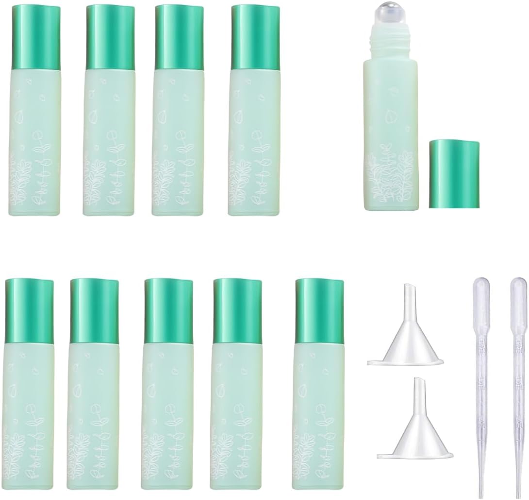 10 Pcs Green Glass Essential Oil Roller Bottles,10ml Empty Refillable Roll on Bottles,Glass Travel