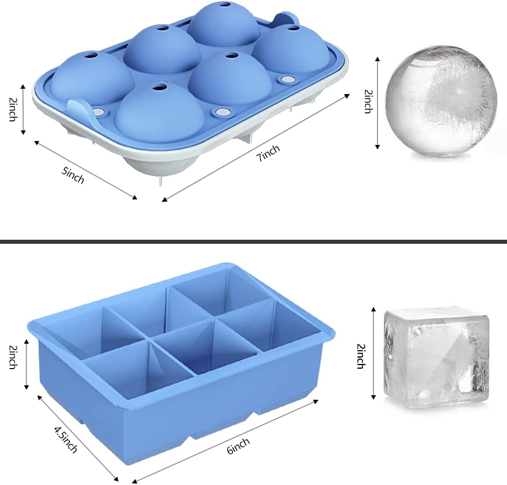 ROTTAY Ice Cube Trays (Set of 2), Sphere Ice Ball Maker with Lid & Large Square Ice Cube Maker for