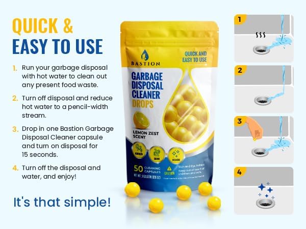 Bastion Garbage Disposal Cleaner and Deodorizer Drops- [[50-Count]] Lemon Zest Scented Kitchen Sink