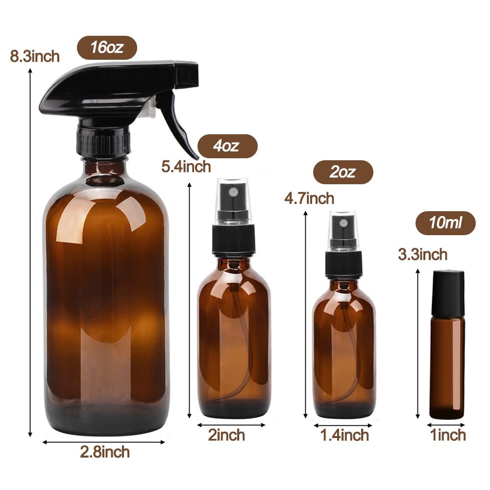 Glass Spray Bottle Kit×10 (2×16oz, 2×4oz, 6×2oz), 9×10ml Roller Bottles, Anti UV, Multi Size and