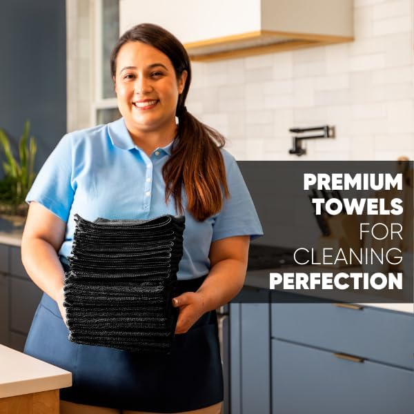 12" x 12" Pro Multi-Surface Microfiber Cleaning Cloths | Black - 12 Pack | Premium Microfiber