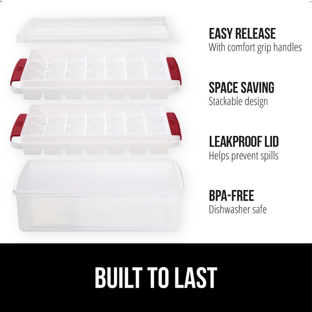 GORILLA GRIP Stackable Ice Cube Tray and Bucket Set for Freezer, Includes 2 Trays with Lid and