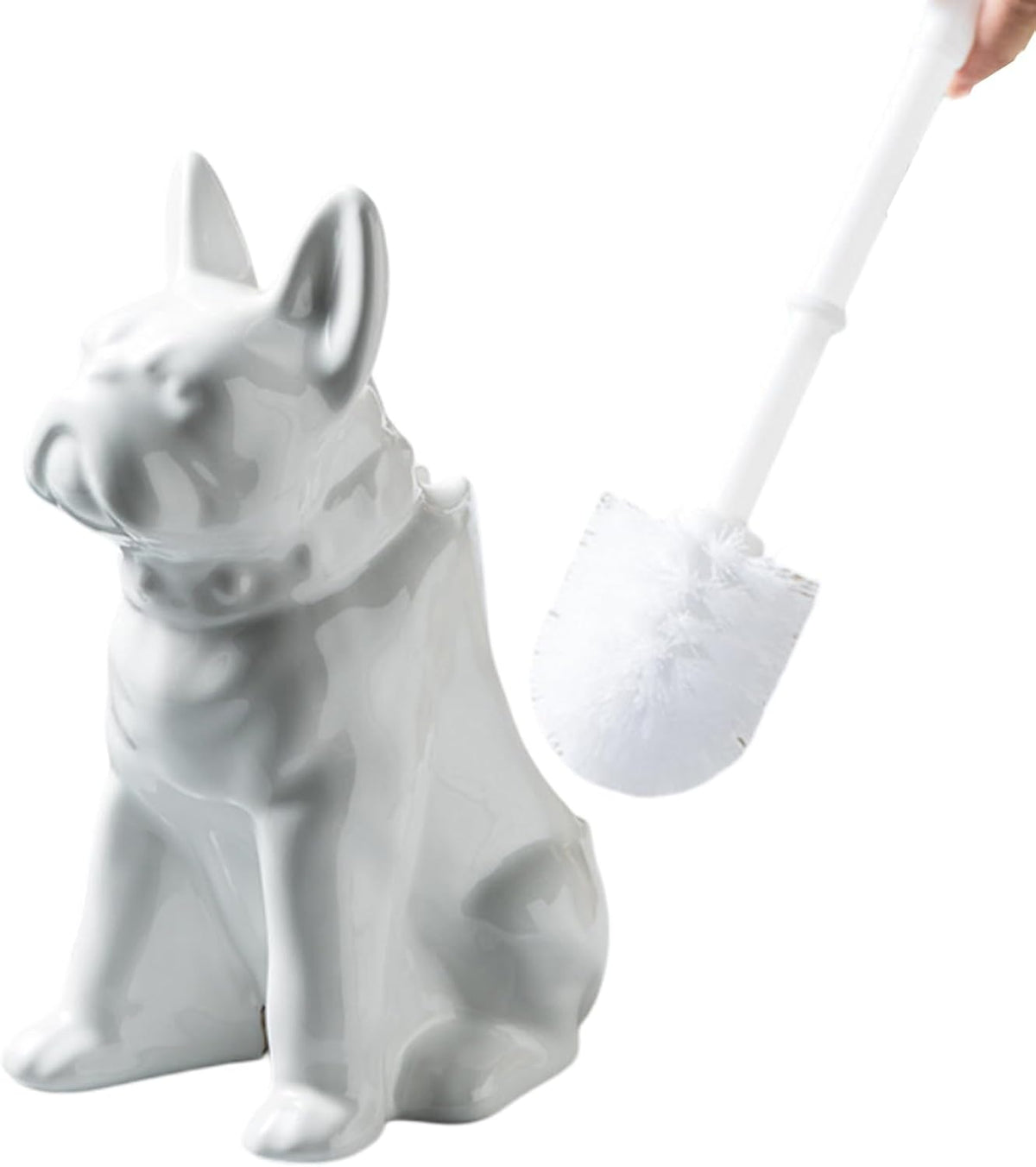 Comeon Ceramic Dog White/Black Toilet Brush and Holder Set, Plastic Handled Scrub Brush for