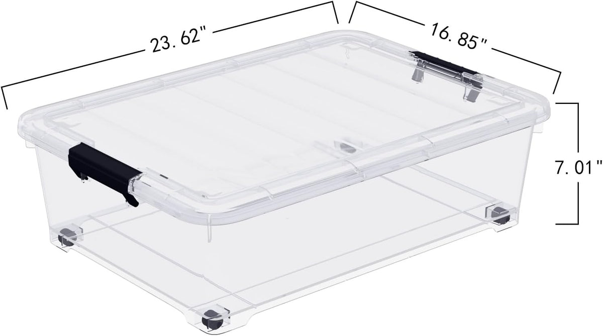 4-Pack 25L Plastic Under Bed Storage Organizer Bin Container with Latch Lids and Wheels, Clothes