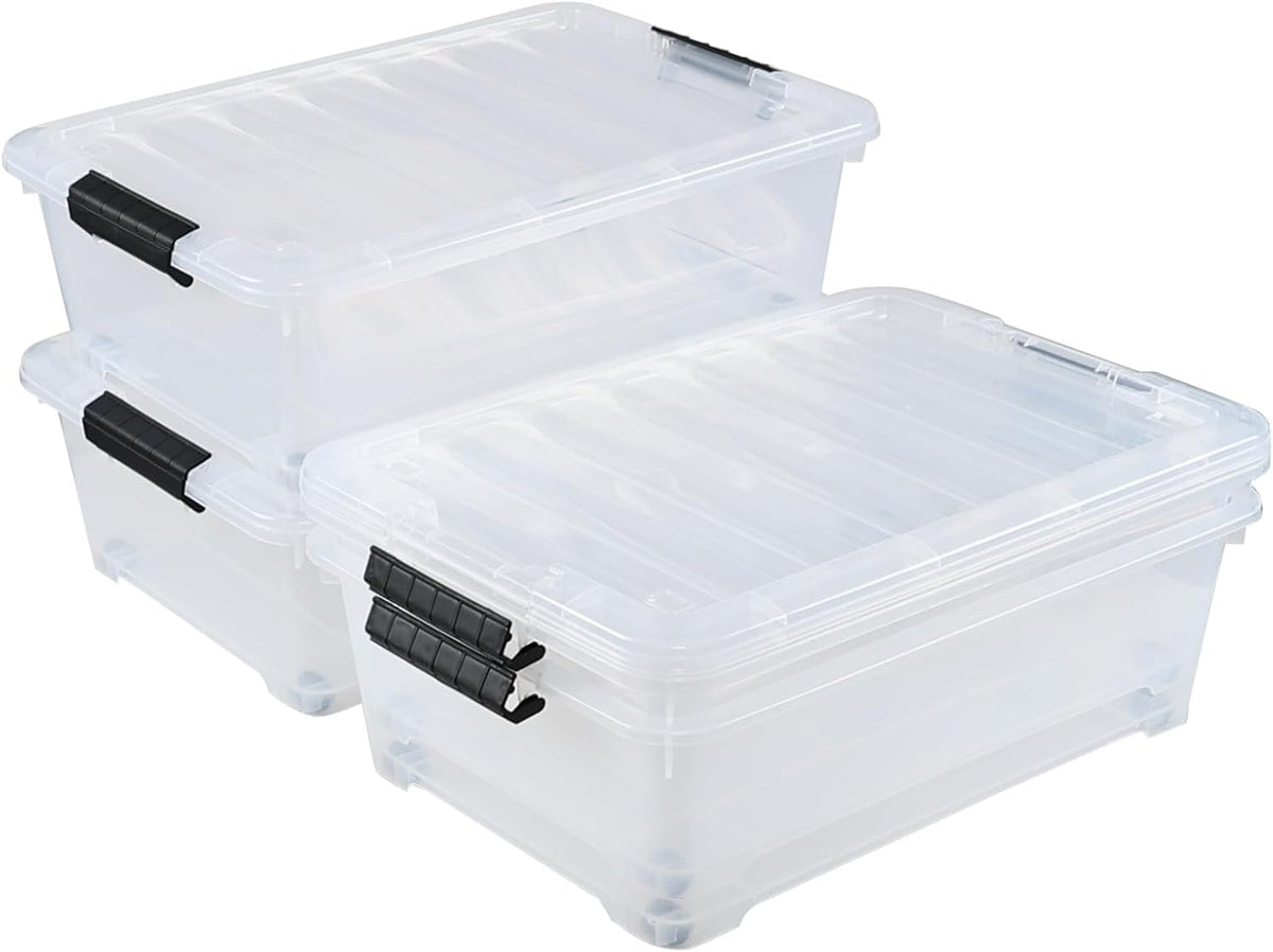 4 Packs 20 Quart Plastic Under Bed Storage Container with Lids and Wheels, Stackable and Nestable