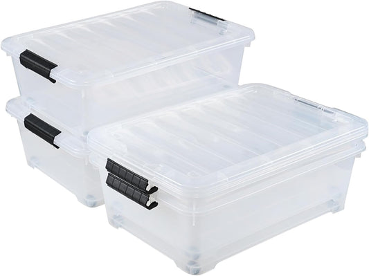4 Packs 20 Quart Plastic Under Bed Storage Container with Lids and Wheels, Stackable and Nestable