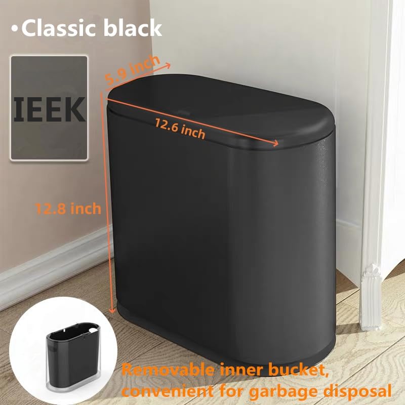 IEEK Plastic Trash Can with Press Top Lid,3.2 Gallon /12 Liter Garbage Can,Black Modern Waste