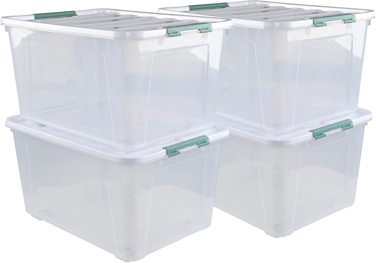 80 L Large Clear View Plastic Storage Bin with Lid and Secure Latching Buckles, 4-Pack Wheeled