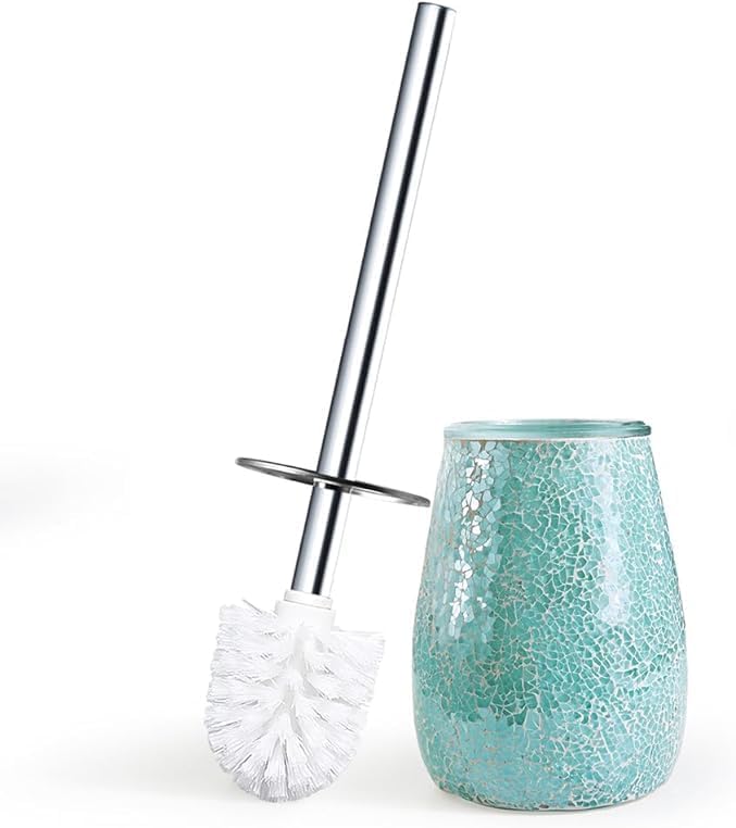 Escenzy Turquoise Green Toilet Brush and Holder Set Mosaic Glass | Non-Rustic Stainless Steel |