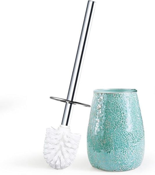 Escenzy Turquoise Green Toilet Brush and Holder Set Mosaic Glass | Non-Rustic Stainless Steel |