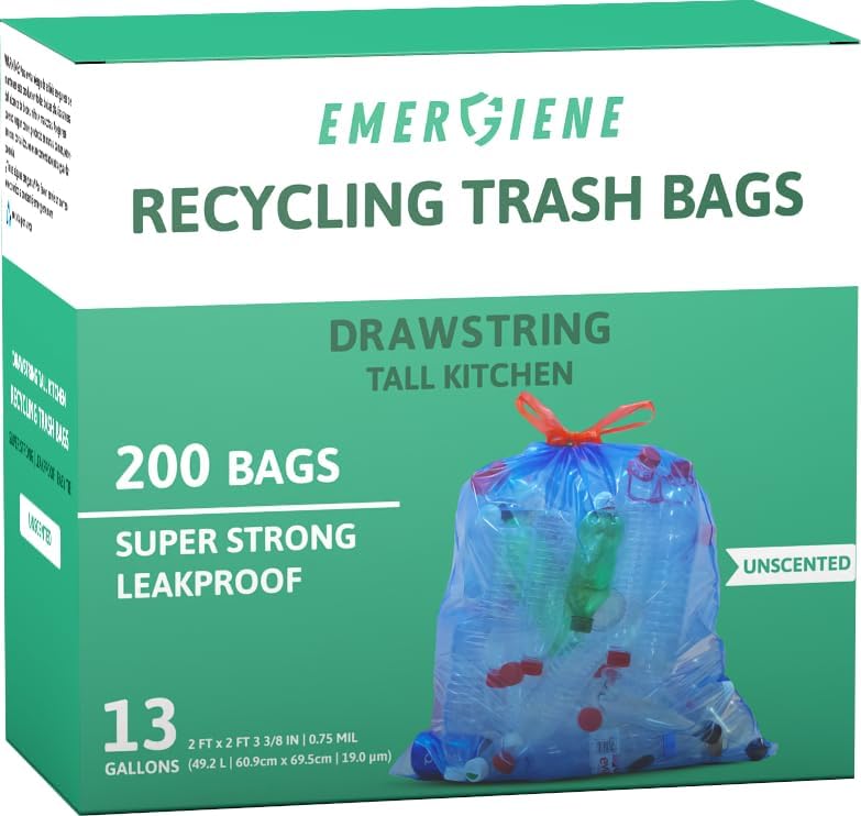 13 Gallon Recycling Trash Bags, 200 Count Drawstring Tall Kitchen Garbage Bags, Pre-Separated