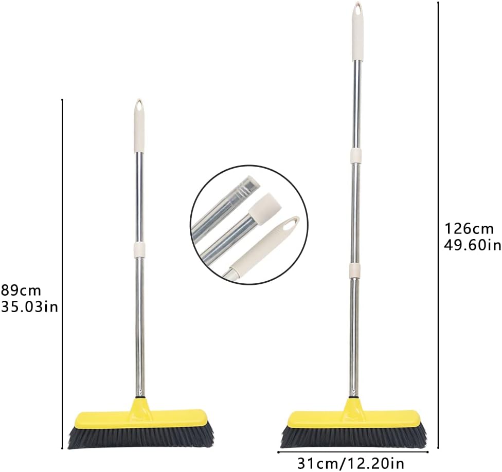 Push Broom with Long Handle, Floor Brush 49.6 inch Soft Bristle Broom 12.2" Wide for Cleaning