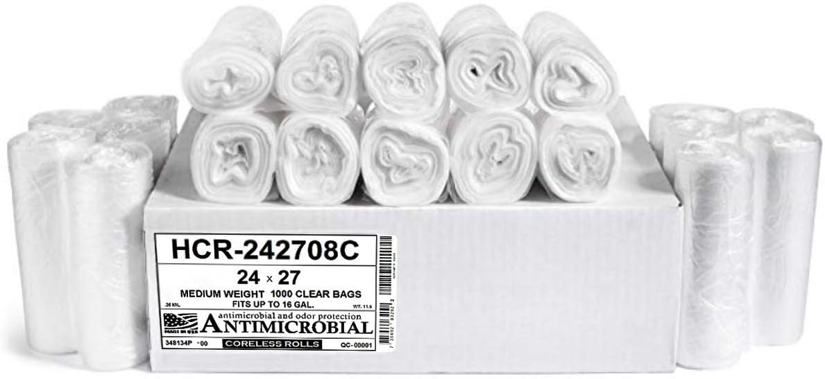 Aluf Plastics High Density Trash Bags, 12 Gallon, 1000 Count, 8 Micron (eq), 24" x 27", Clear, for