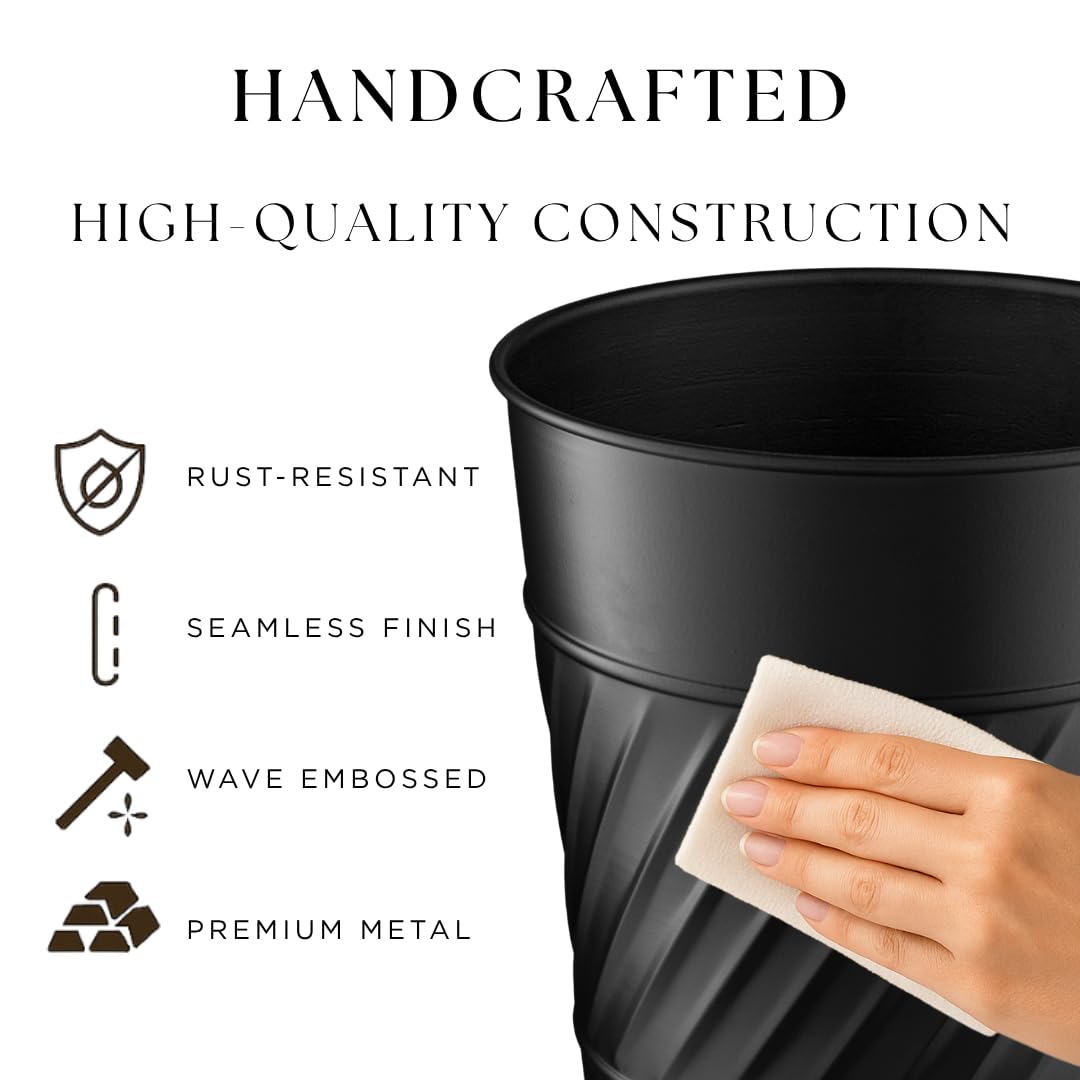 Monarch Abode Black Handcrafted Wave Embossed Metal Wastebasket for Home Office Bedroom, Decorative