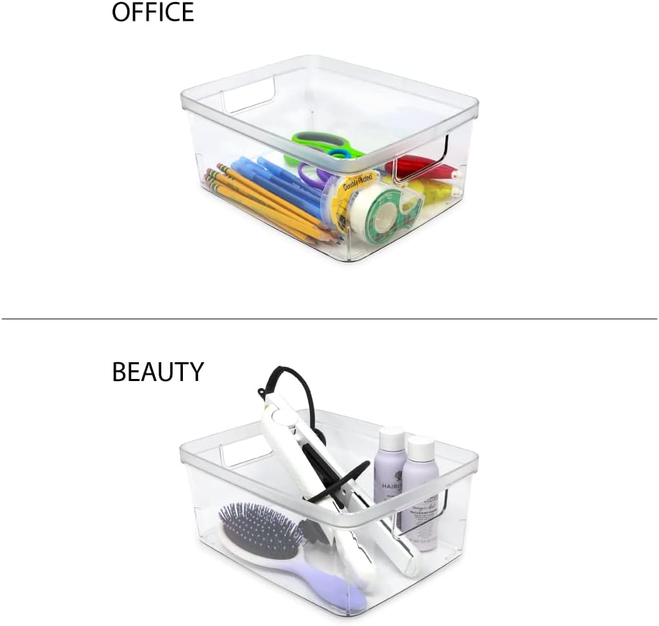 Isaac Jacobs 3-Pack Medium Clear Storage Bins (8” L x 10” W x 4.25” H) w/Cutout Handles, Plastic