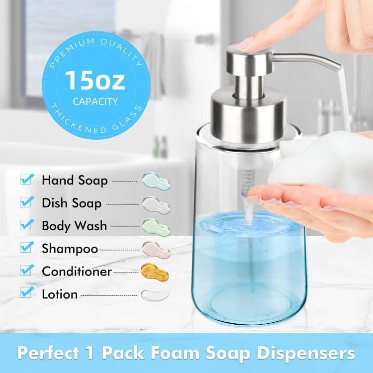Thick Glass Soap Dispenser with Rust Proof Stainless Steel Pump, Clear Foam Soap Dispenser with