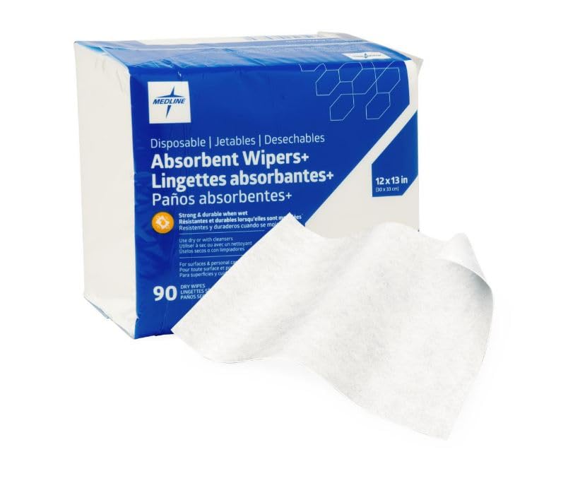 Medline Absorbent Wipers+ Disposable Heavy Duty Dry Wipes, 12" x 12" (90 Count), Use Wet or Dry