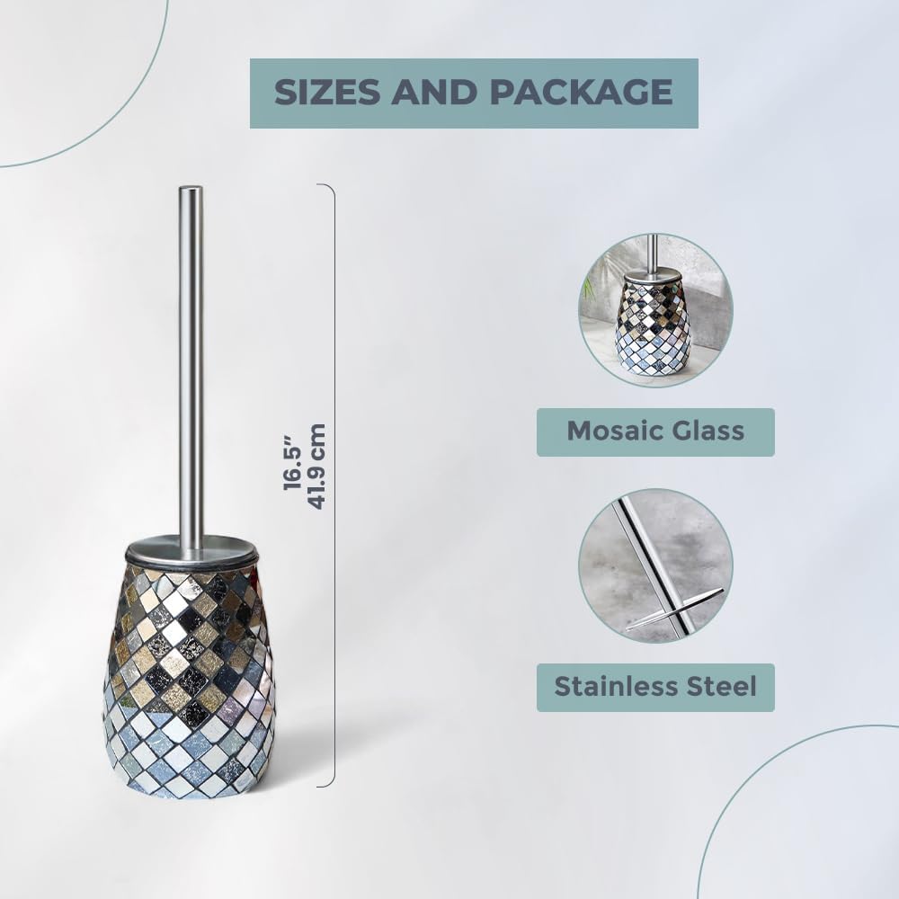 Escenzy Modern Toilet Brush and Holder Set Mosaic Glass | Non-Rustic Stainless Steel | Practical &