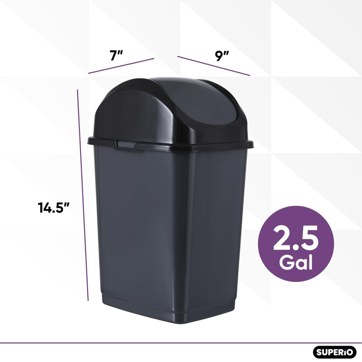 Superio Small 2.5 Gallon Plastic Trash Can with Swing Top Lid, Compact Slim Waste Bin for Under