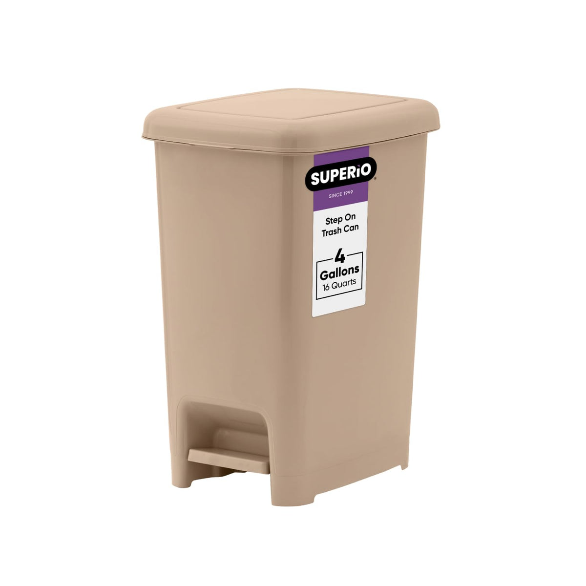 Superio Slim Step On Trash Can, Beige Waste Bin with Foot Pedal Lid 26 Liter, Kitchen, Under Desk