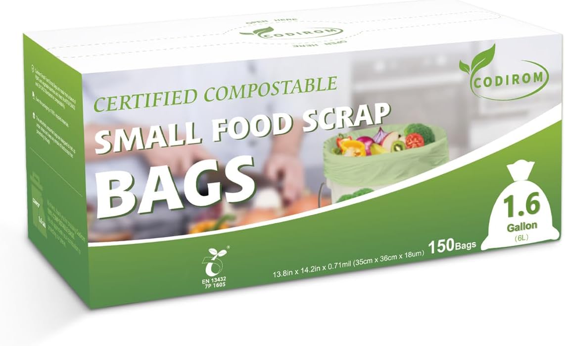 100% Compostable 1.6 Gallon Trash Bags, 6 Liter, 150 Count Kitchen Food Scrap Small Compost Bags