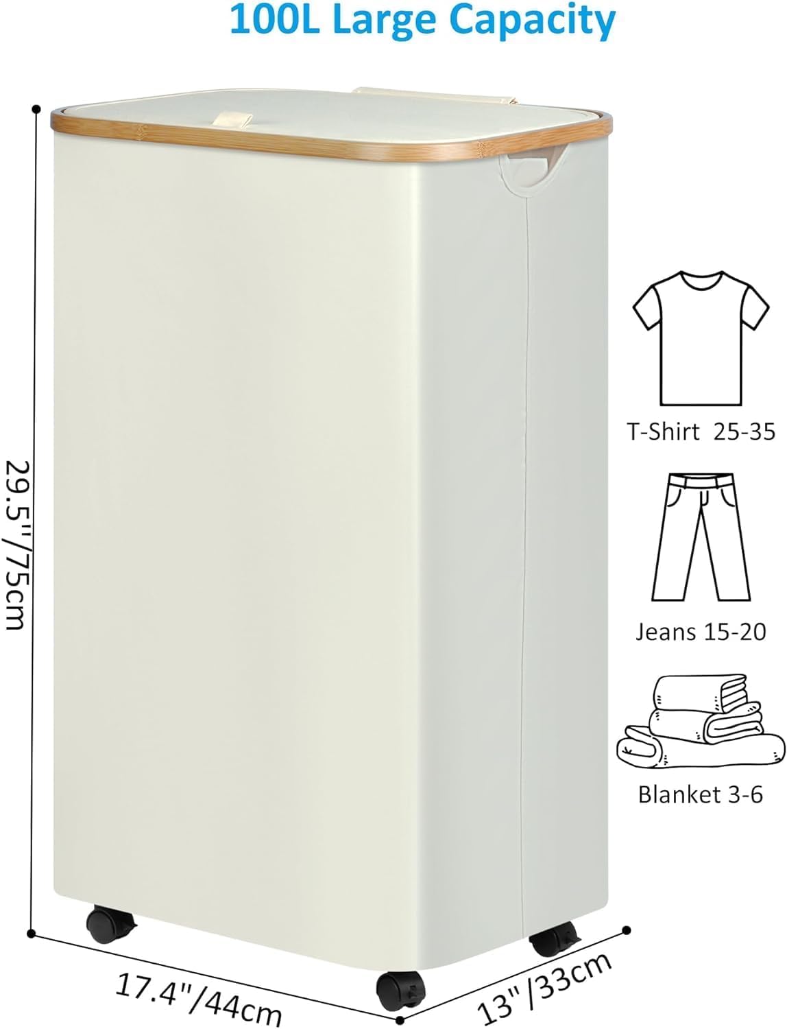 efluky Laundry Basket with Wheels, Tall Rolling Laundry Hamper with Lid and Removable Bag