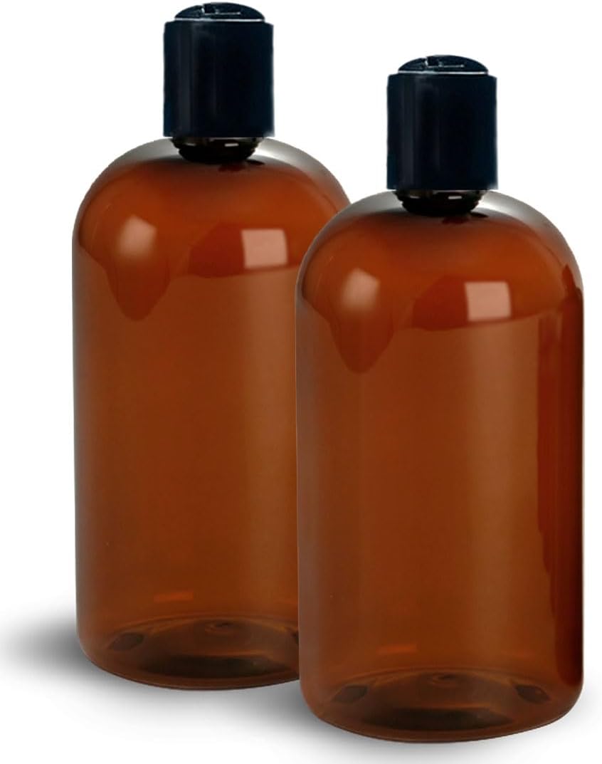 ljdeals 16 oz Amber Plastic Empty Bottles with Black Disc Top Caps, Refillable Containers for