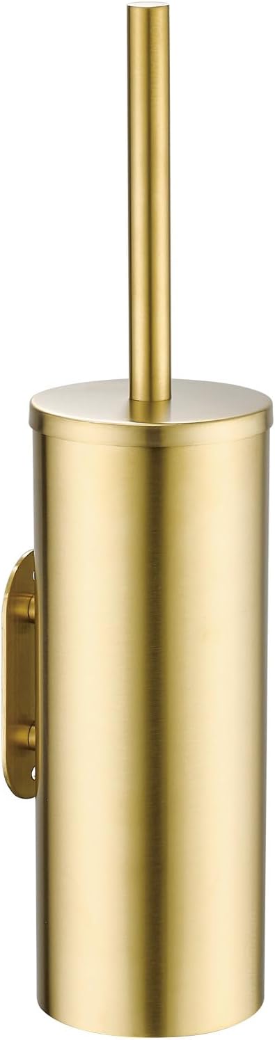 Gold Brushed Stainless Steel Toilet Brush and Cover, No-Punch Hook Base Dual Purpose Toilet Brush