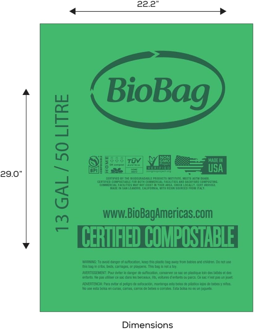 13 Gallon Tall Kitchen Compostable Trash Bags by BioBag, 48 Count, BPI Certified, Meets ASTM D6400