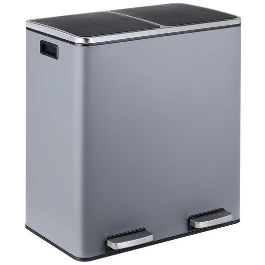 16 Gallon Rectangular Stainless Steel Trash Can, Dual Compartment Garbage Bin with Recycling Combo