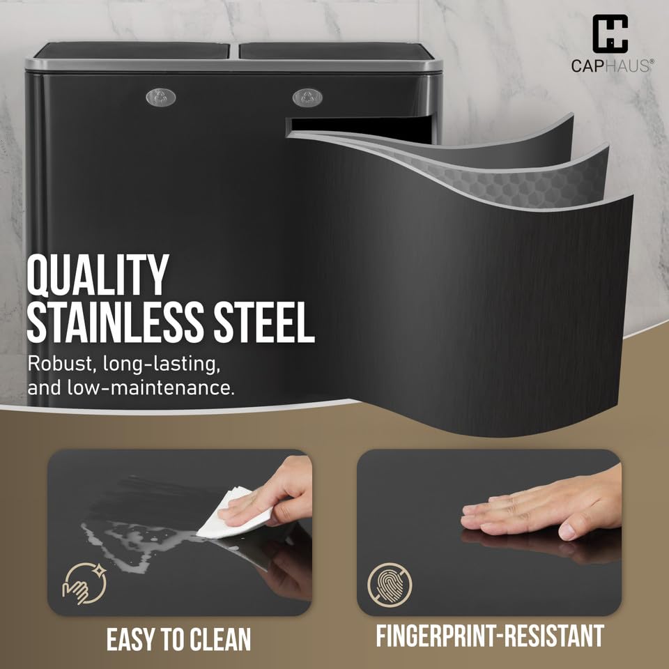 CAPHAUS Black Dual Trash Can w/Double Lid, Trash & Recycle Bins Combo, Hands-Free Stainless-Steel