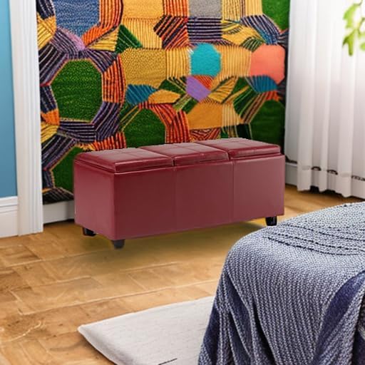 SIMPLIHOME Avalon 42 inch Wide Contemporary Rectangle Storage Ottoman in Red Vegan Faux Leather