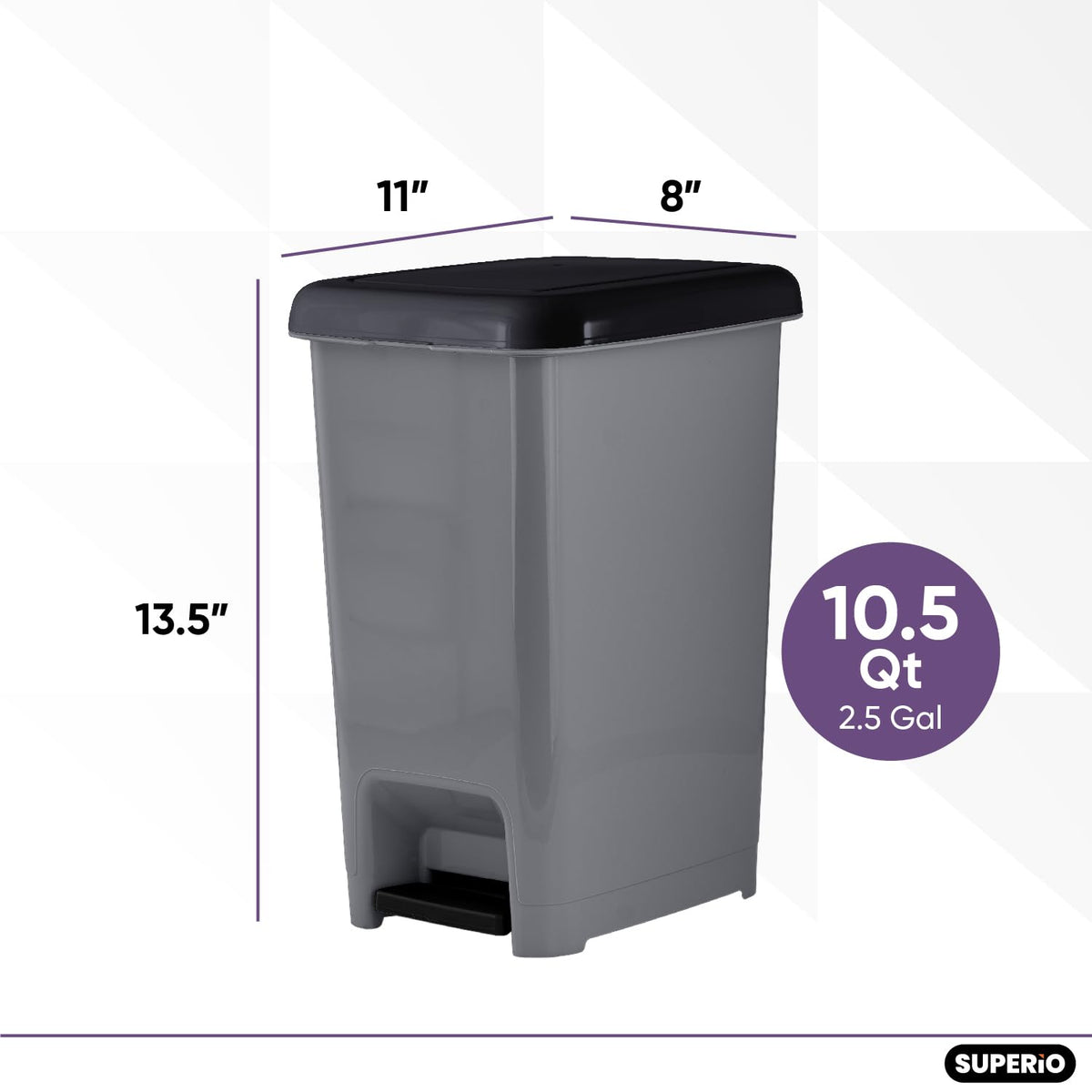 Superio Slim Trash Can with Foot Pedal – 2.5 Gallon Step-On Trash Bin with Lid, Small Plastic