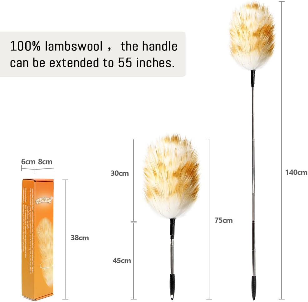 Extendable Lambswool Duster 30-55inch with Aluminium Alloy Handle, Natural Long Feather Duster for