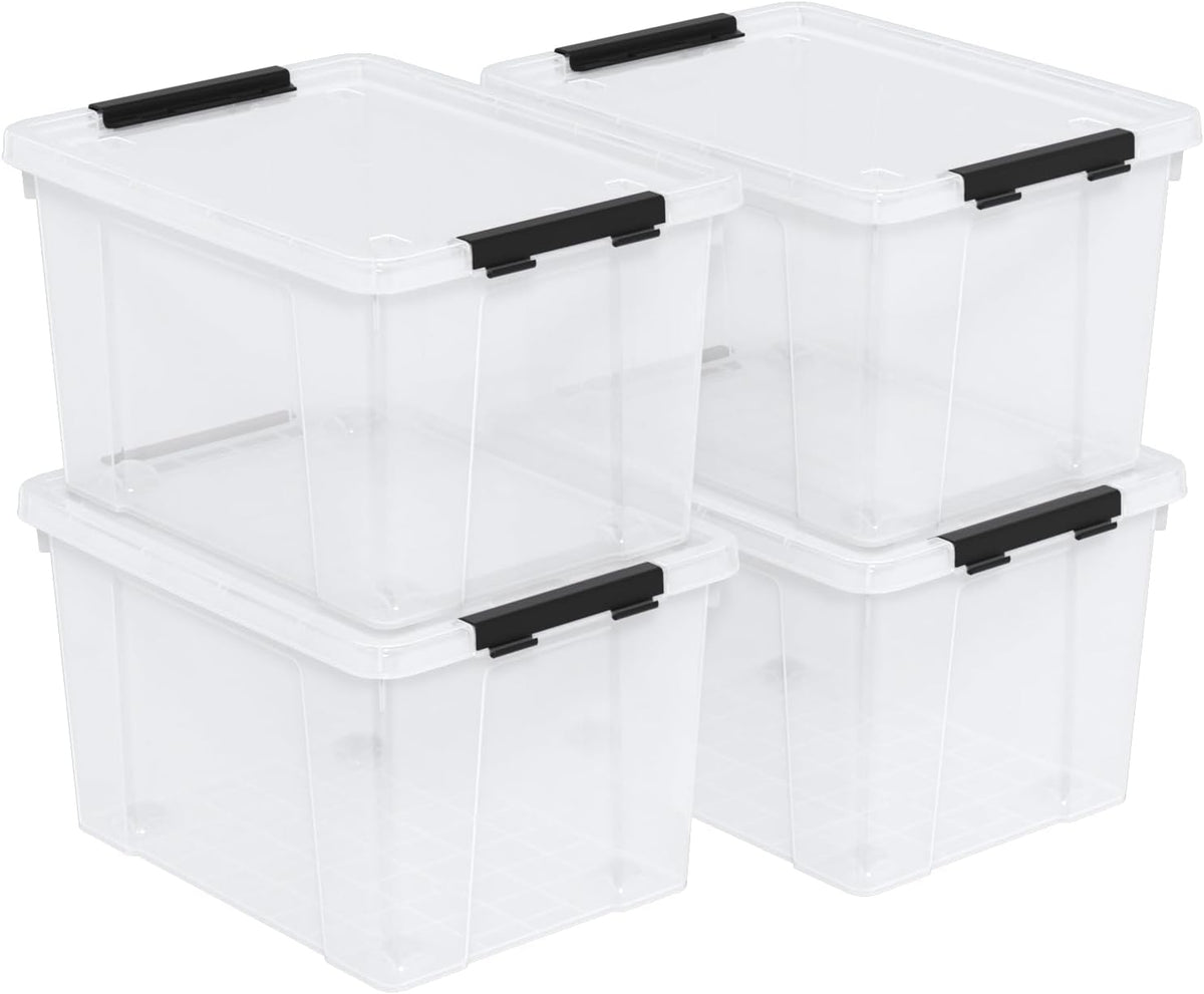 Set of 4 34 L Stackable Plastic Storage Bins with Latching Lids and Wheels, Clear Home Organization