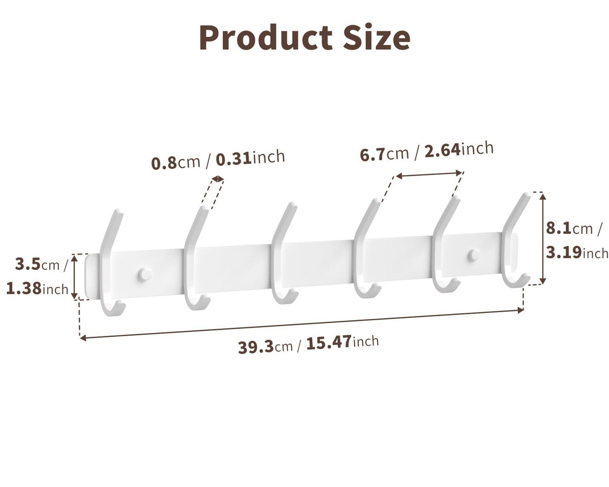 Coat Rack Wall Mount Hooks - 15 Inch White Metal 6-Hook Rack(1 Pack)